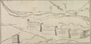 Mappa con descritte le irrigazioni da farsi con l'acqua del fiume Tartaro ed i mulini esistenti sullo stesso e sul Tione - 1768 - Dionisio e Valesi Ramanzini - Archivio di Stato di Venezia