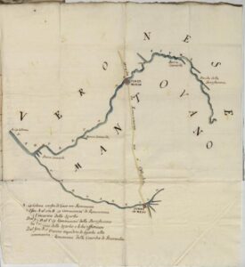 Percorso del fiume Tartaro dalla colonna di confine di Gazo alla diramazione del Tartarello e, per ponte Molino, alle bocche della Borghesana, maggio 1730 - Archivio di Stato di Venezia