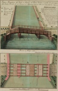 Pianta e prospettiva di un ponte da costruire sul fiume Tartaro in Nogara lungo la strada postale Venezia - Mantova, Ignazio Avesani, 4.5.1788 - Archivio di Stato di Venezia