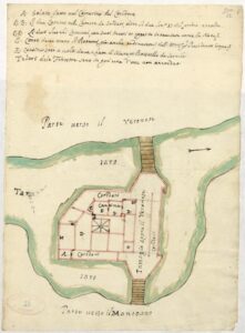 Pontemolino (Ostiglia - Mantova). Pianta di un edificio (posto di guardia) circondato dal fiume Tartaro e riferimento dei locali da ristrutturare. 1711 - Archivio di Stato di Venezia